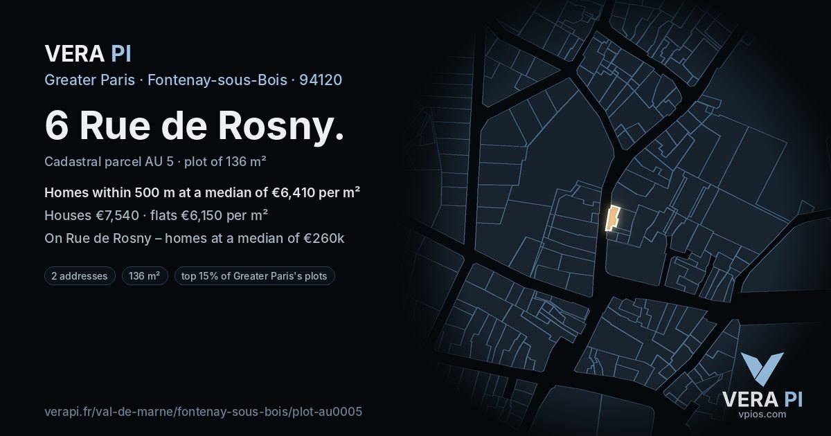 6 Rue de Rosny, Fontenay-sous-Bois at night – the plot lit, the parcels around coloured by the prices near them