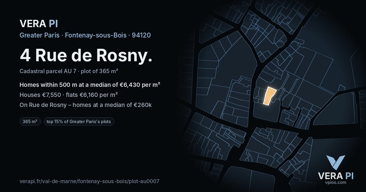 4 Rue de Rosny, Fontenay-sous-Bois at night – the plot lit, the parcels around coloured by the prices near them