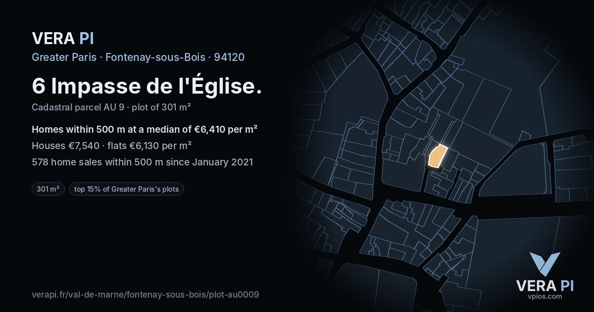 6 Impasse de l'Église, Fontenay-sous-Bois at night – the plot lit, the parcels around coloured by the prices near them