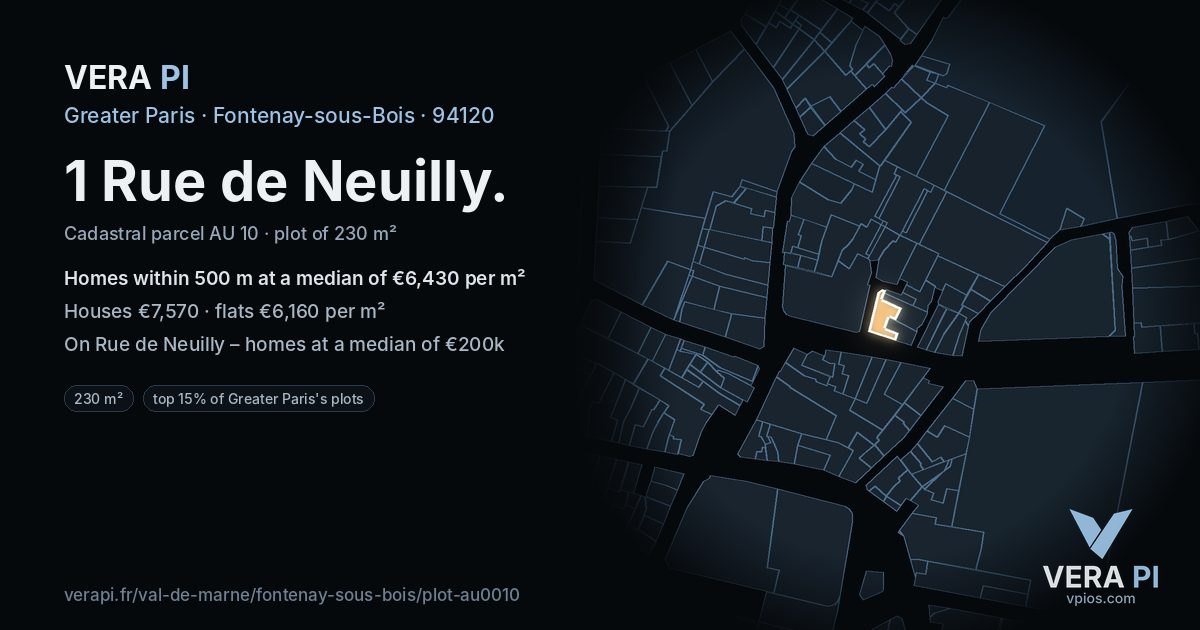 1 Rue de Neuilly, Fontenay-sous-Bois at night – the plot lit, the parcels around coloured by the prices near them