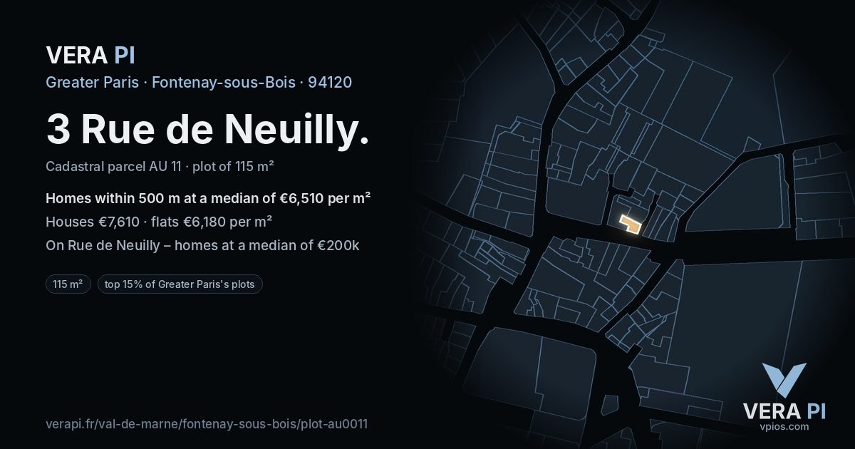 3 Rue de Neuilly, Fontenay-sous-Bois at night – the plot lit, the parcels around coloured by the prices near them
