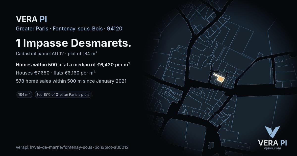 1 Impasse Desmarets, Fontenay-sous-Bois at night – the plot lit, the parcels around coloured by the prices near them