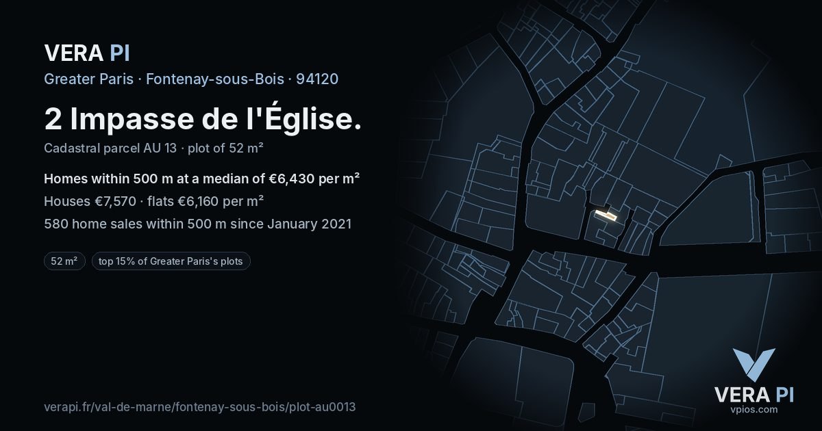 2 Impasse de l'Église, Fontenay-sous-Bois at night – the plot lit, the parcels around coloured by the prices near them