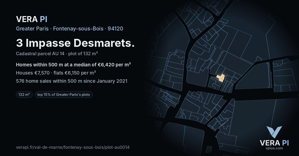 3 Impasse Desmarets, Fontenay-sous-Bois at night – the plot lit, the parcels around coloured by the prices near them