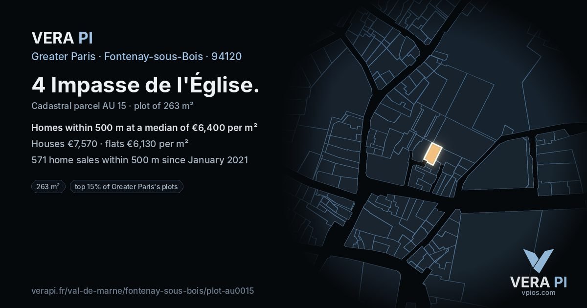 4 Impasse de l'Église, Fontenay-sous-Bois at night – the plot lit, the parcels around coloured by the prices near them