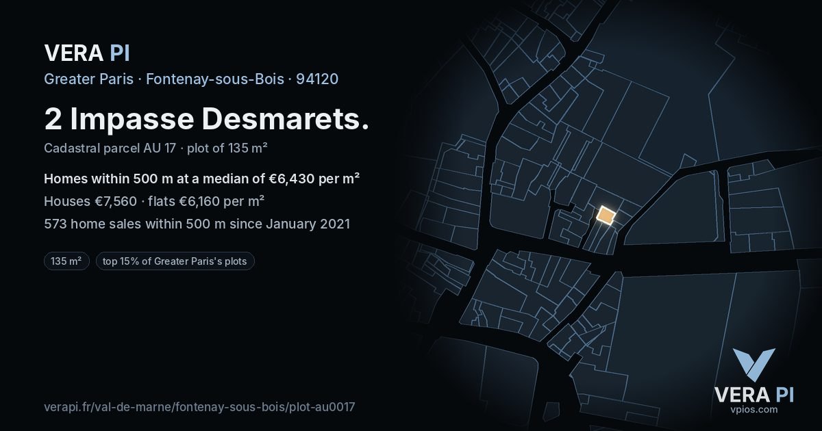 2 Impasse Desmarets, Fontenay-sous-Bois at night – the plot lit, the parcels around coloured by the prices near them