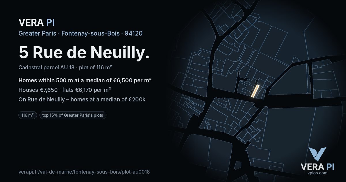 5 Rue de Neuilly, Fontenay-sous-Bois at night – the plot lit, the parcels around coloured by the prices near them