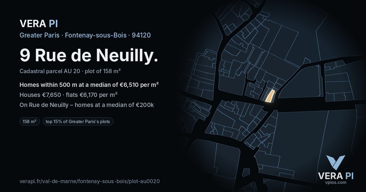 9 Rue de Neuilly, Fontenay-sous-Bois at night – the plot lit, the parcels around coloured by the prices near them