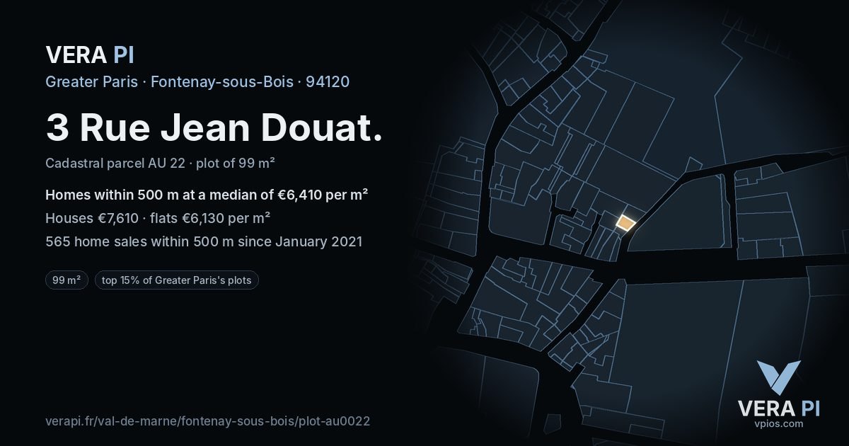 3 Rue Jean Douat, Fontenay-sous-Bois at night – the plot lit, the parcels around coloured by the prices near them