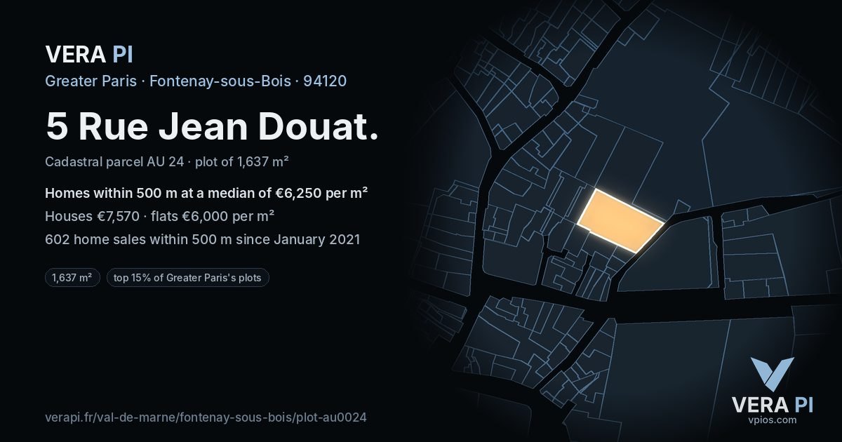 5 Rue Jean Douat, Fontenay-sous-Bois at night – the plot lit, the parcels around coloured by the prices near them