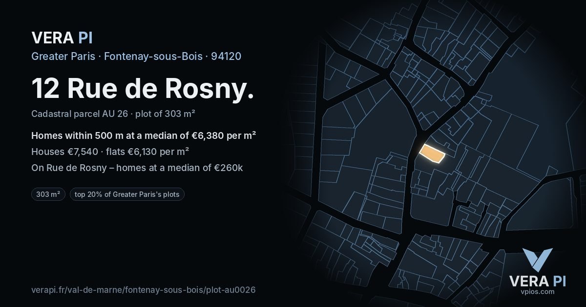 12 Rue de Rosny, Fontenay-sous-Bois at night – the plot lit, the parcels around coloured by the prices near them