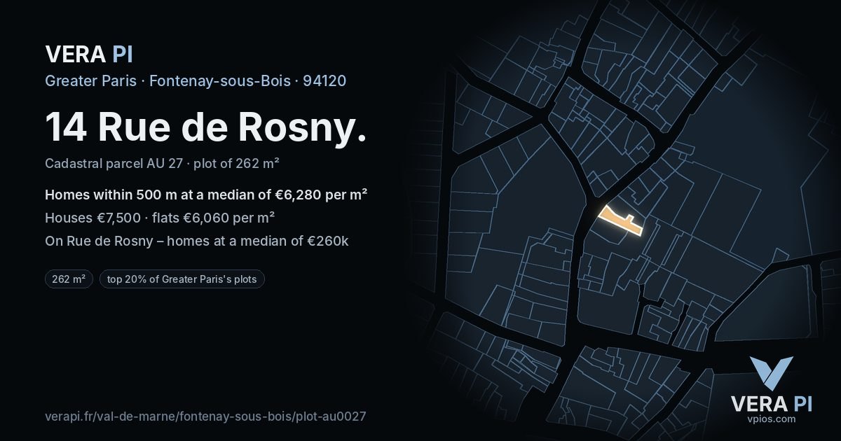 14 Rue de Rosny, Fontenay-sous-Bois at night – the plot lit, the parcels around coloured by the prices near them