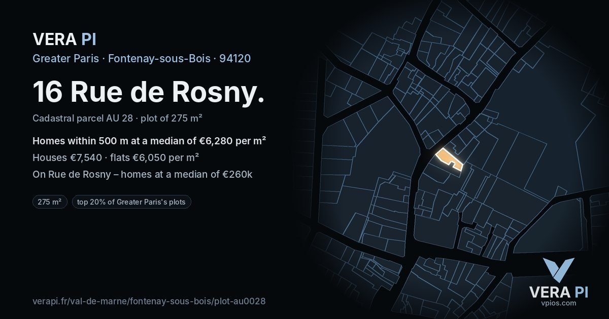 16 Rue de Rosny, Fontenay-sous-Bois at night – the plot lit, the parcels around coloured by the prices near them