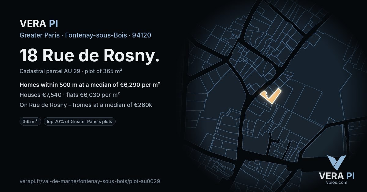 18 Rue de Rosny, Fontenay-sous-Bois at night – the plot lit, the parcels around coloured by the prices near them