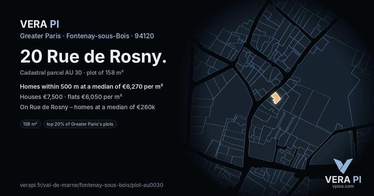 20 Rue de Rosny, Fontenay-sous-Bois at night – the plot lit, the parcels around coloured by the prices near them
