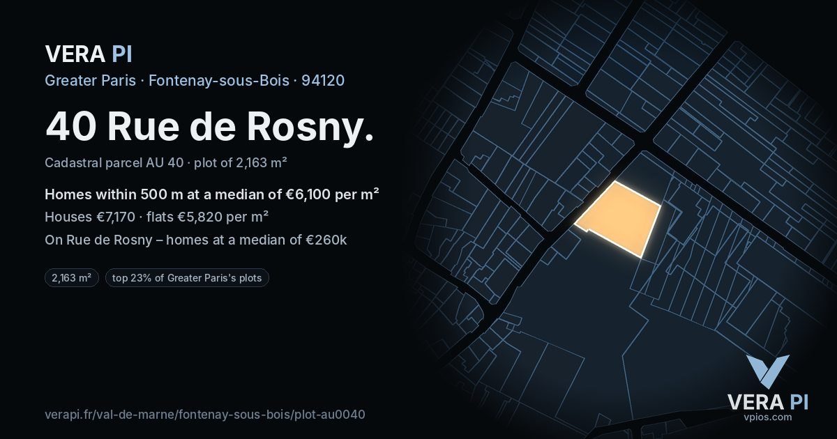 40 Rue de Rosny, Fontenay-sous-Bois at night – the plot lit, the parcels around coloured by the prices near them