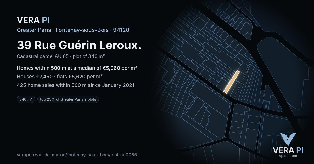 39 Rue Guérin Leroux, Fontenay-sous-Bois at night – the plot lit, the parcels around coloured by the prices near them