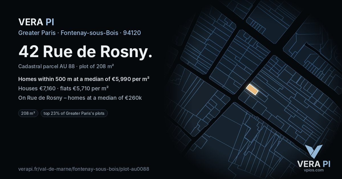 42 Rue de Rosny, Fontenay-sous-Bois at night – the plot lit, the parcels around coloured by the prices near them