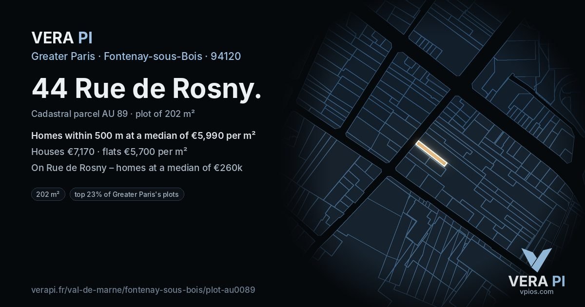 44 Rue de Rosny, Fontenay-sous-Bois at night – the plot lit, the parcels around coloured by the prices near them