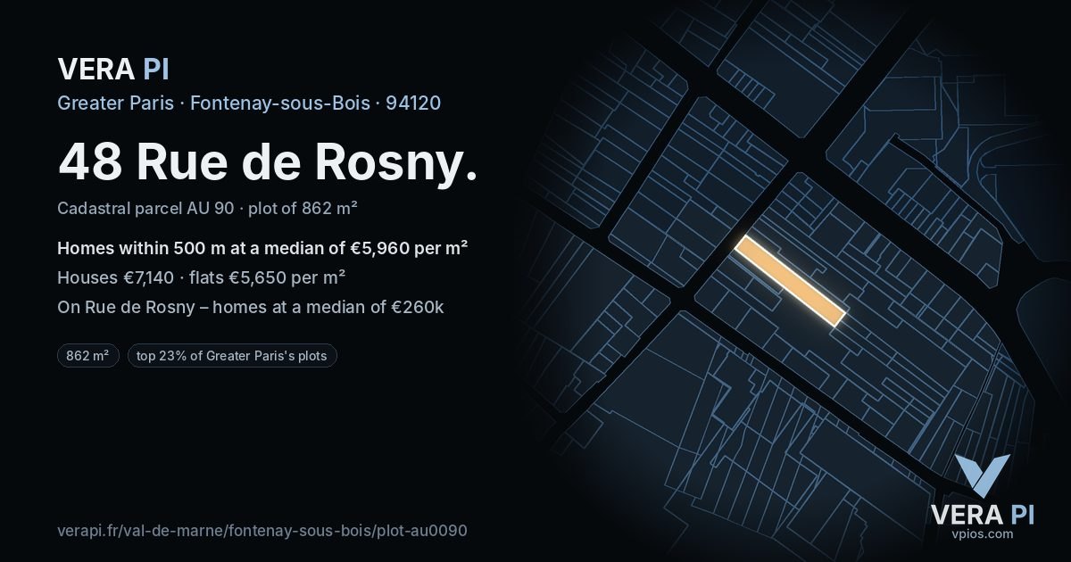 48 Rue de Rosny, Fontenay-sous-Bois at night – the plot lit, the parcels around coloured by the prices near them