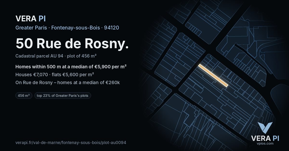 50 Rue de Rosny, Fontenay-sous-Bois at night – the plot lit, the parcels around coloured by the prices near them