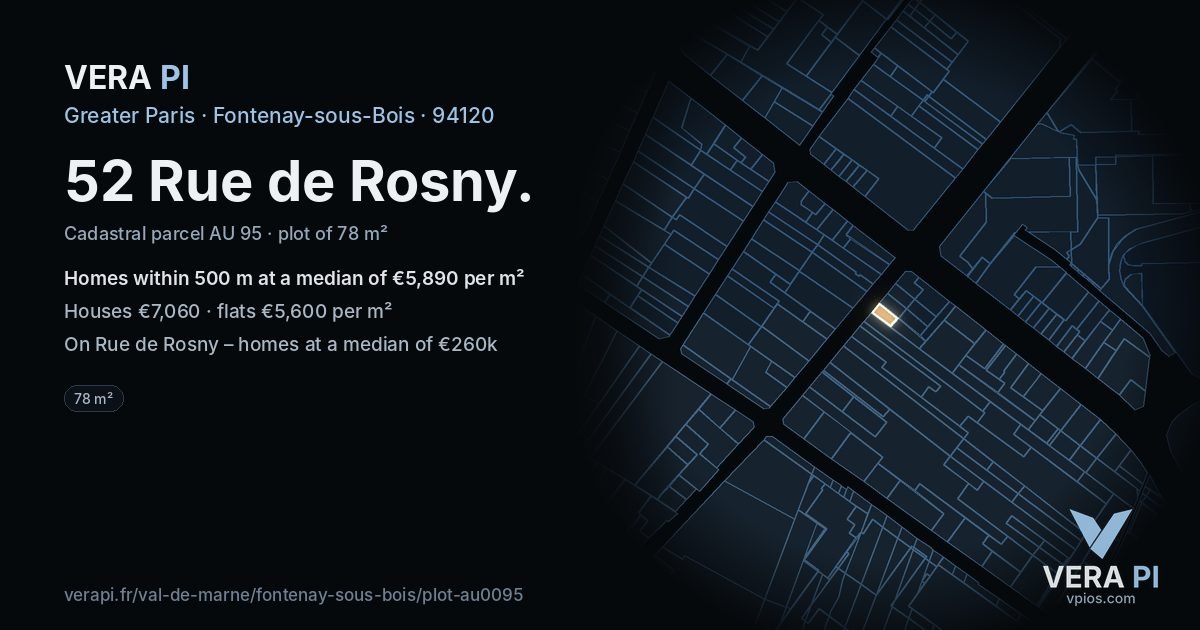 52 Rue de Rosny, Fontenay-sous-Bois at night – the plot lit, the parcels around coloured by the prices near them