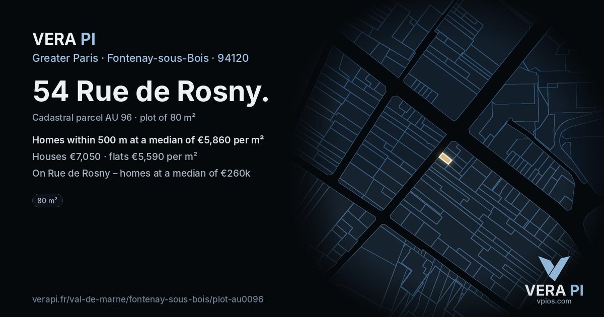 54 Rue de Rosny, Fontenay-sous-Bois at night – the plot lit, the parcels around coloured by the prices near them