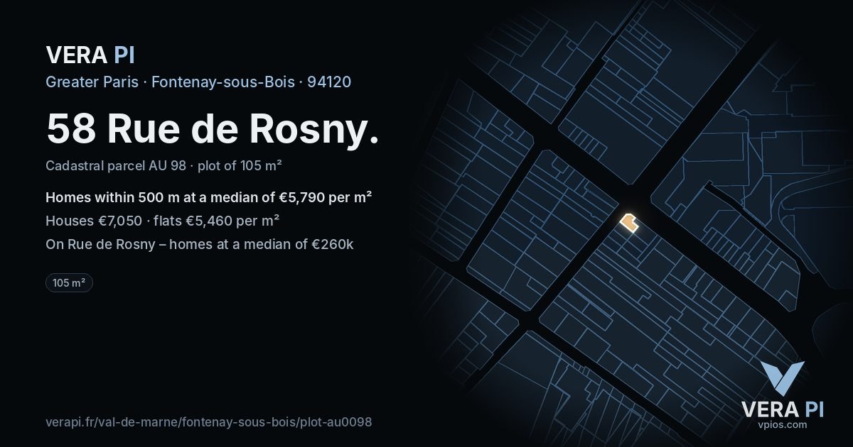 58 Rue de Rosny, Fontenay-sous-Bois at night – the plot lit, the parcels around coloured by the prices near them