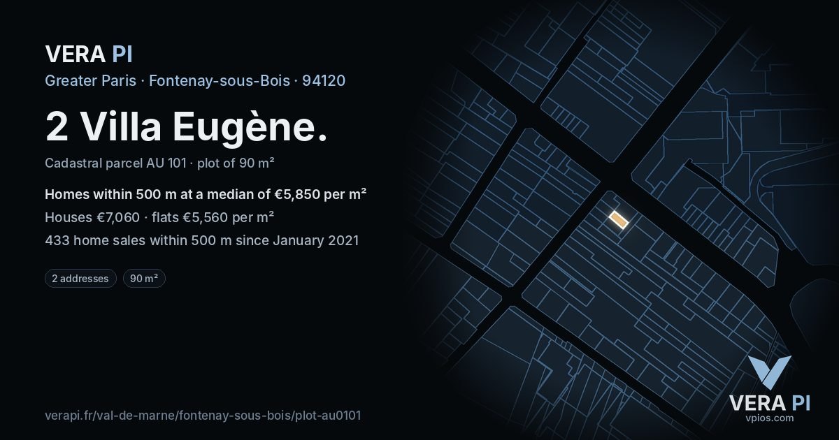 2 Villa Eugène, Fontenay-sous-Bois at night – the plot lit, the parcels around coloured by the prices near them