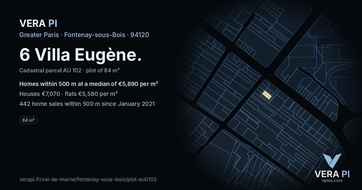 6 Villa Eugène, Fontenay-sous-Bois at night – the plot lit, the parcels around coloured by the prices near them