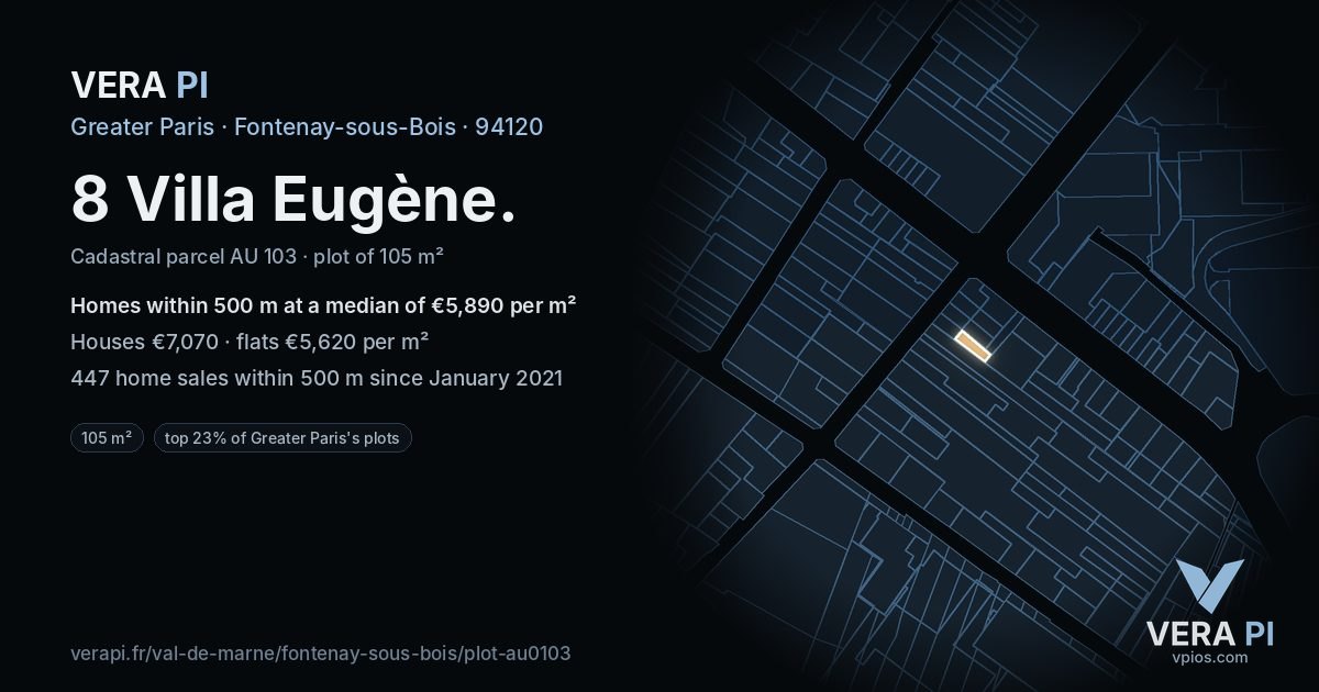 8 Villa Eugène, Fontenay-sous-Bois at night – the plot lit, the parcels around coloured by the prices near them