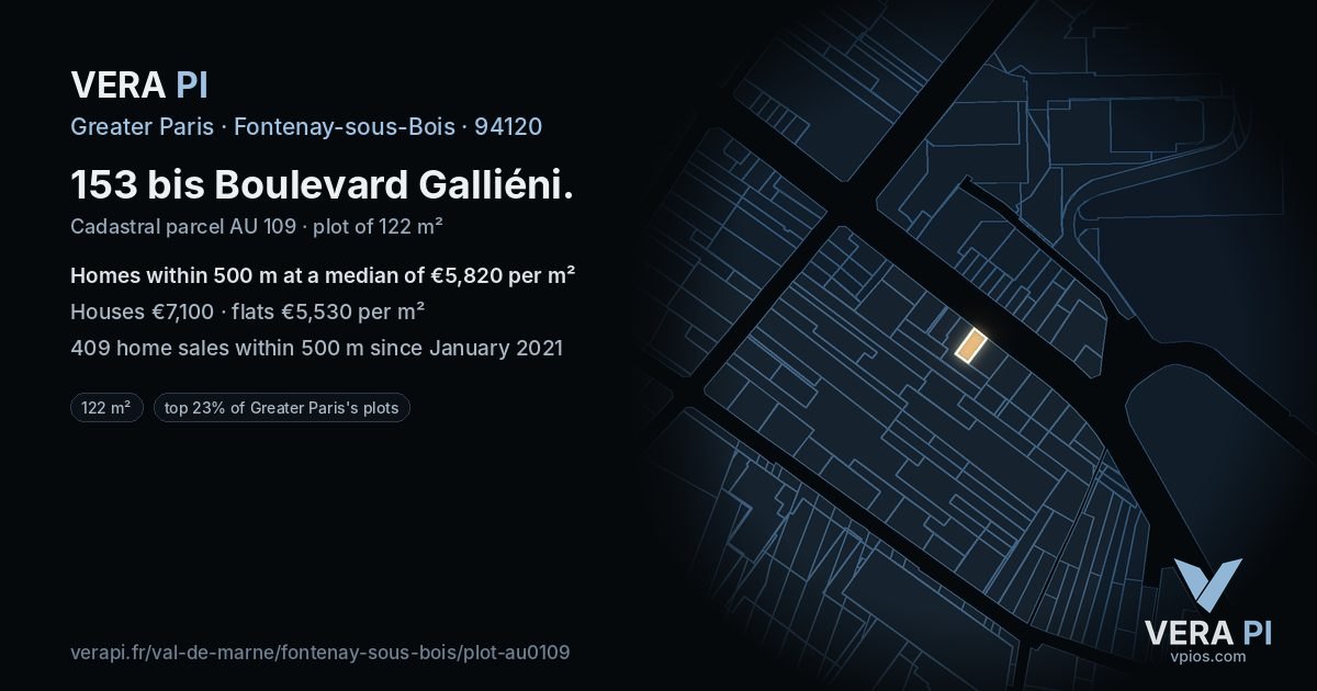 153 bis Boulevard Galliéni, Fontenay-sous-Bois at night – the plot lit, the parcels around coloured by the prices near them