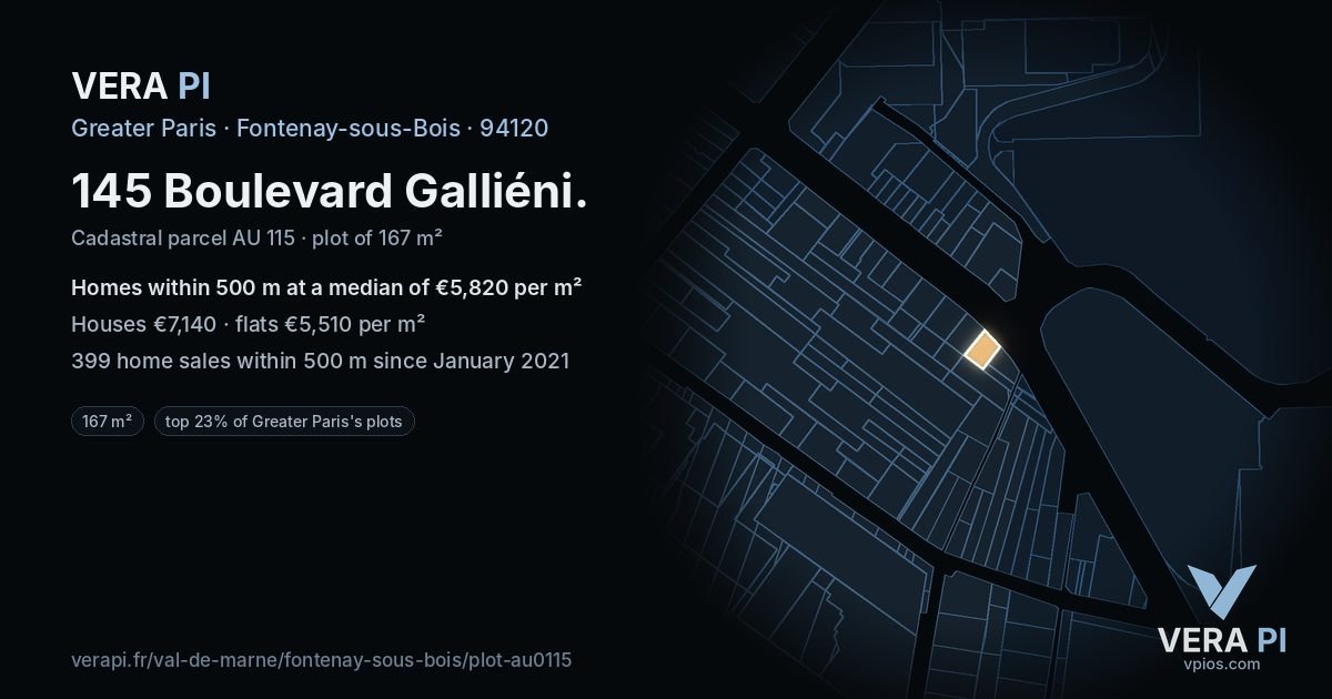 145 Boulevard Galliéni, Fontenay-sous-Bois at night – the plot lit, the parcels around coloured by the prices near them