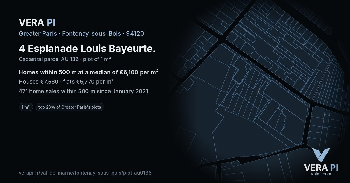 4 Esplanade Louis Bayeurte, Fontenay-sous-Bois at night – the plot lit, the parcels around coloured by the prices near them