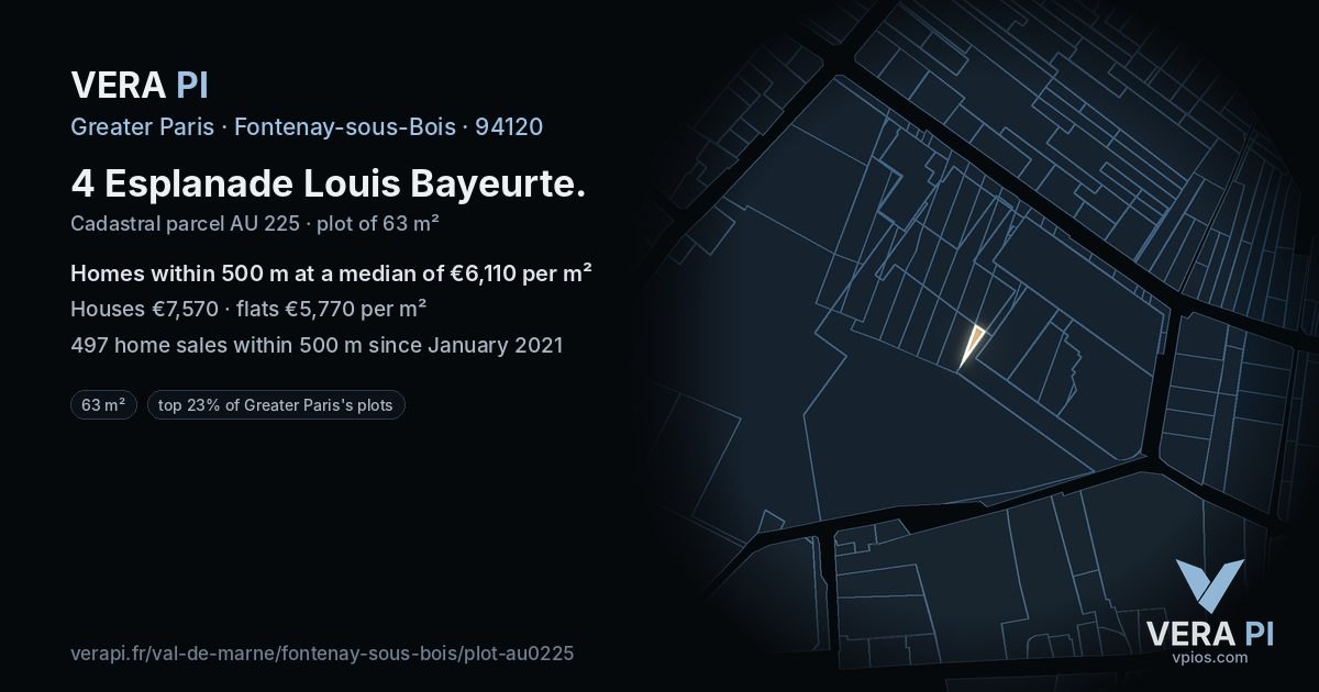 4 Esplanade Louis Bayeurte, Fontenay-sous-Bois at night – the plot lit, the parcels around coloured by the prices near them