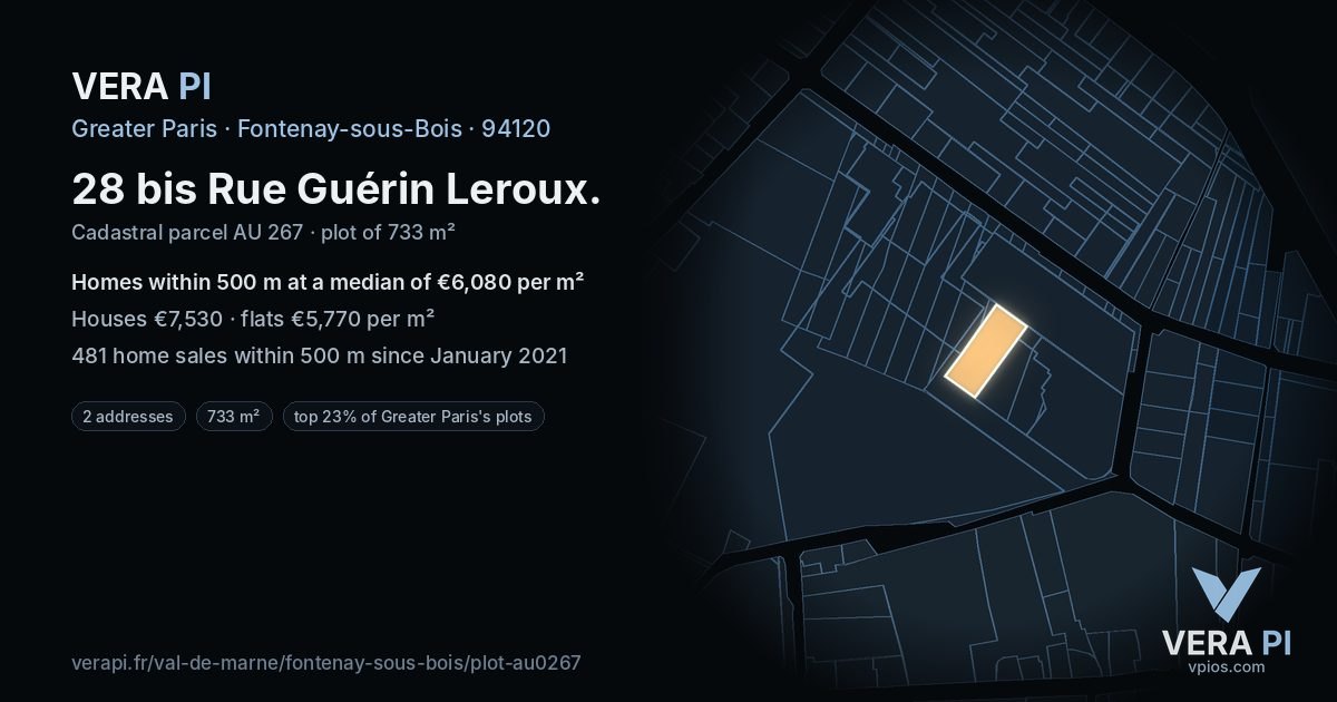 28 bis Rue Guérin Leroux, Fontenay-sous-Bois at night – the plot lit, the parcels around coloured by the prices near them