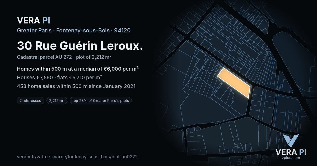 30 Rue Guérin Leroux, Fontenay-sous-Bois at night – the plot lit, the parcels around coloured by the prices near them