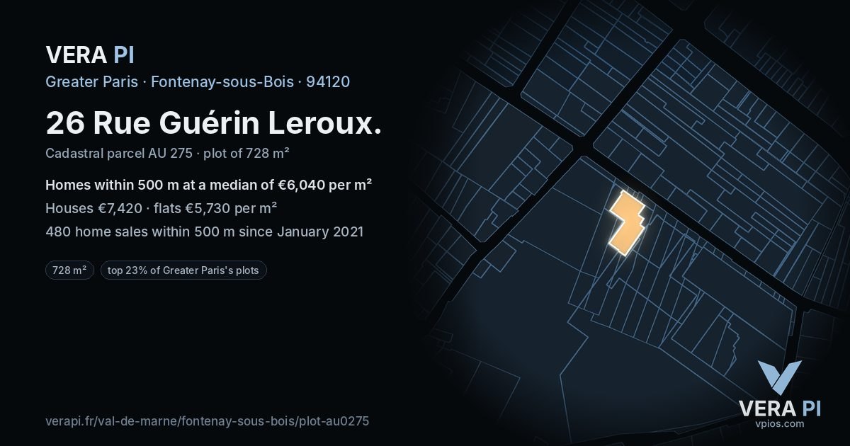 26 Rue Guérin Leroux, Fontenay-sous-Bois at night – the plot lit, the parcels around coloured by the prices near them