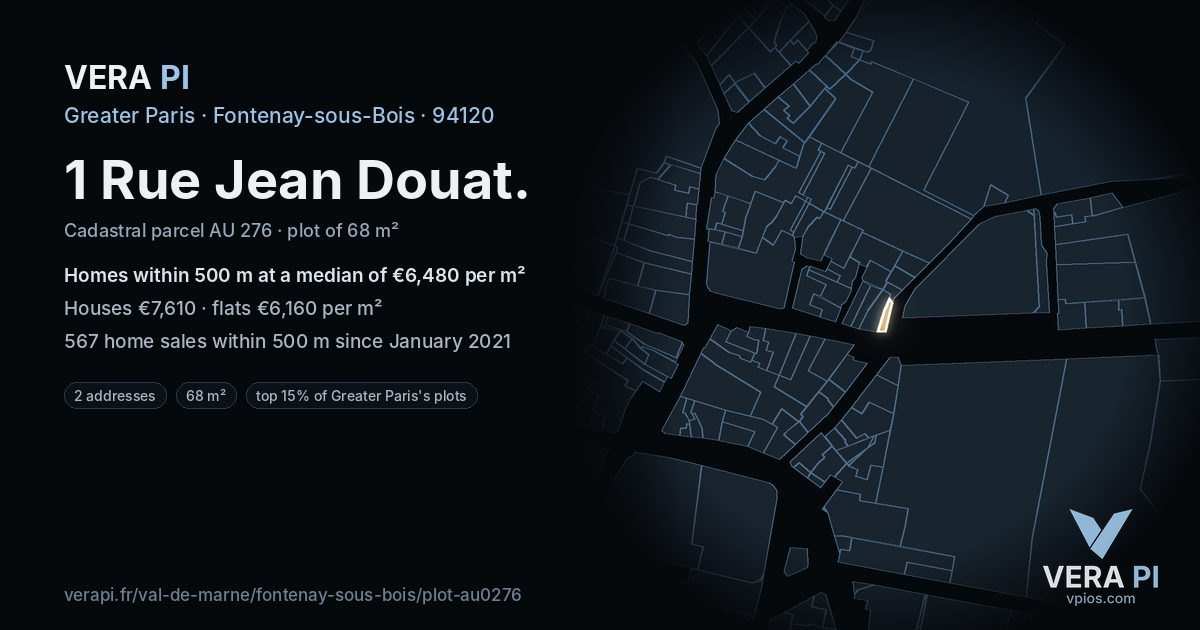 1 Rue Jean Douat, Fontenay-sous-Bois at night – the plot lit, the parcels around coloured by the prices near them