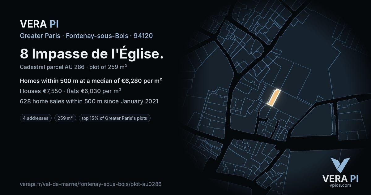 8 Impasse de l'Église, Fontenay-sous-Bois at night – the plot lit, the parcels around coloured by the prices near them