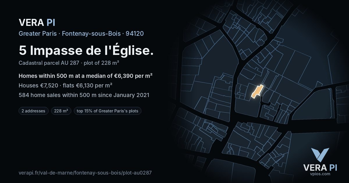 5 Impasse de l'Église, Fontenay-sous-Bois at night – the plot lit, the parcels around coloured by the prices near them