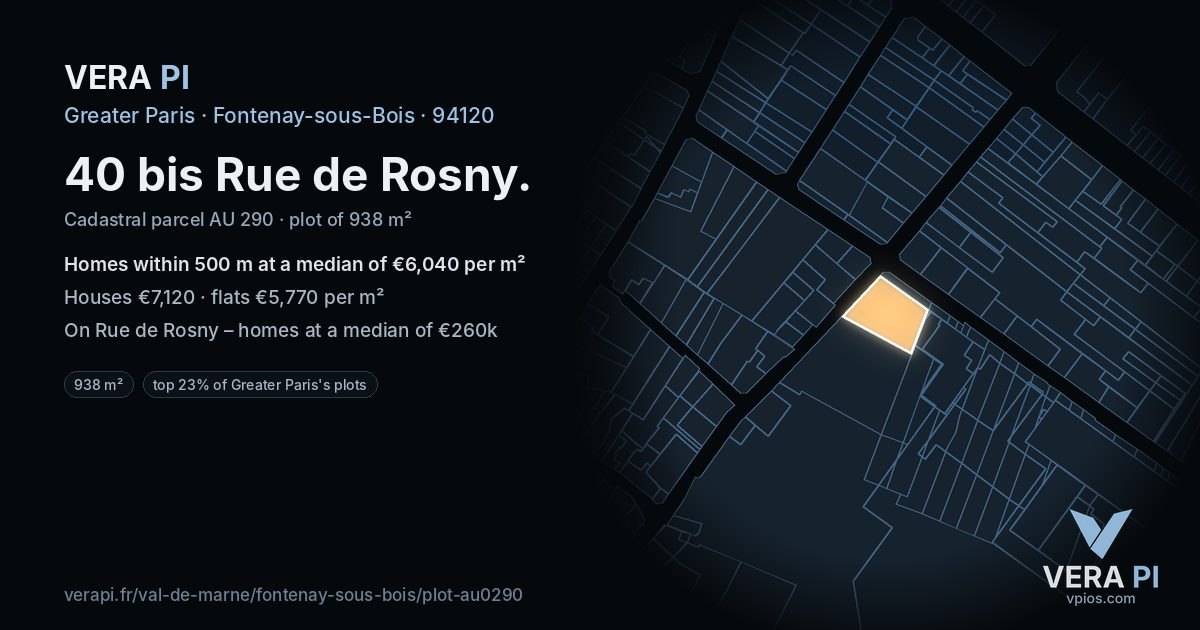 40 bis Rue de Rosny, Fontenay-sous-Bois at night – the plot lit, the parcels around coloured by the prices near them