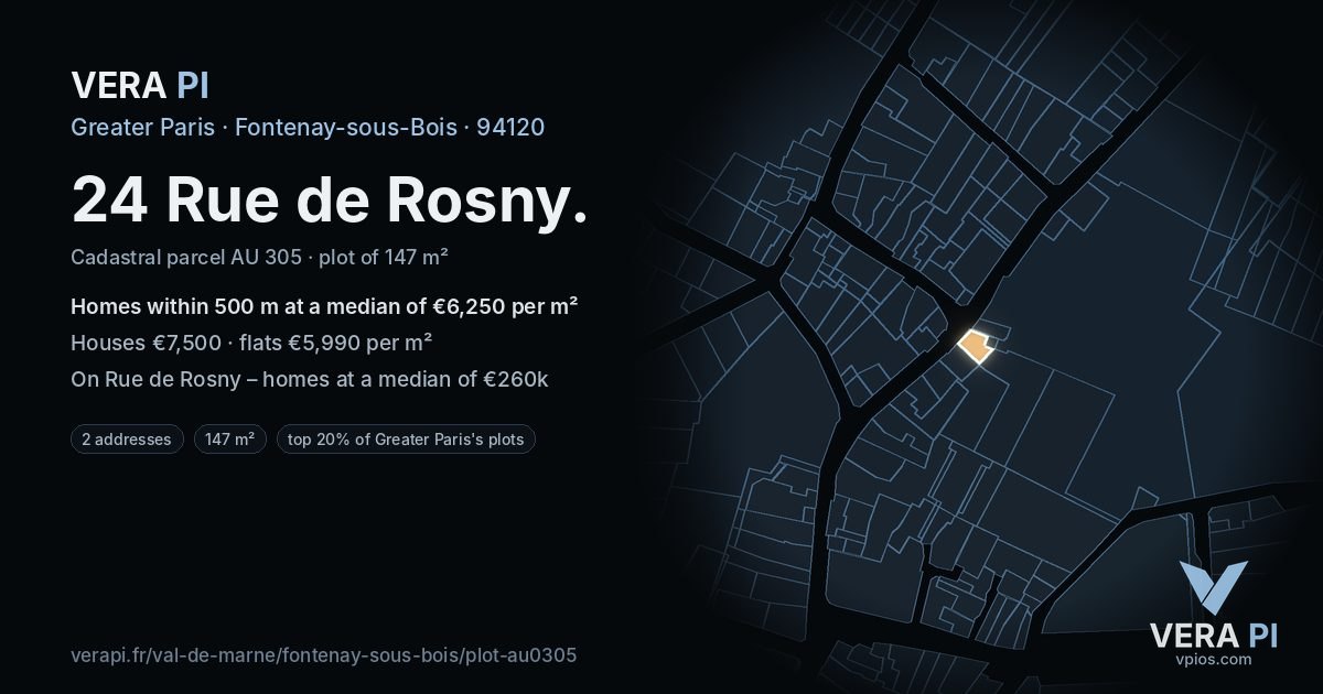24 Rue de Rosny, Fontenay-sous-Bois at night – the plot lit, the parcels around coloured by the prices near them