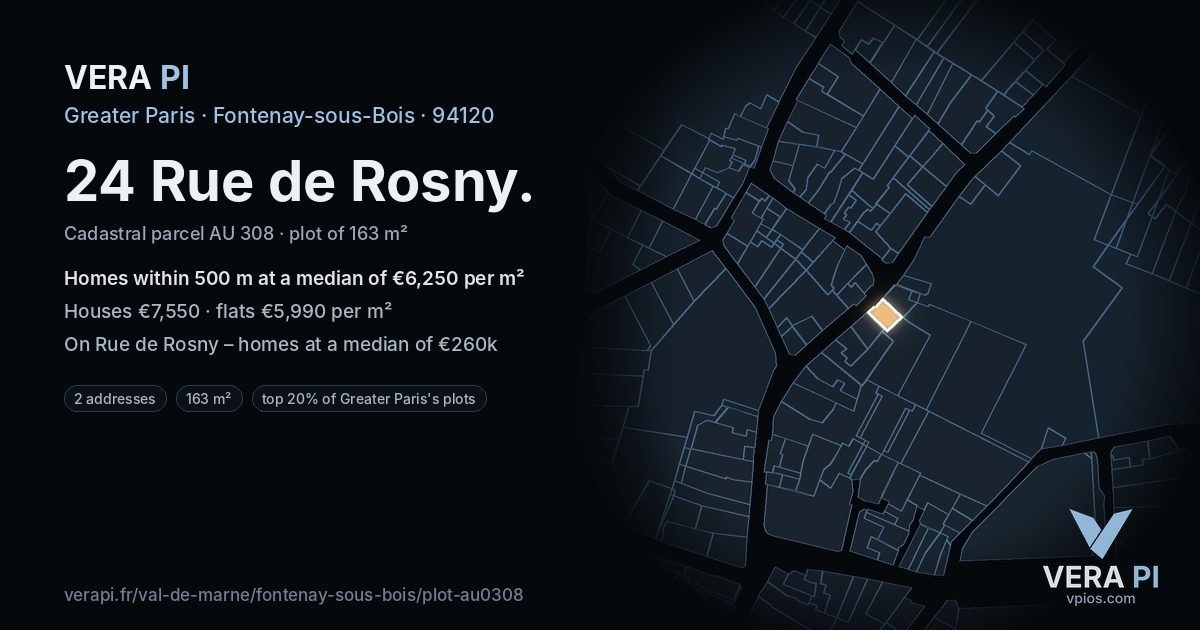 24 Rue de Rosny, Fontenay-sous-Bois at night – the plot lit, the parcels around coloured by the prices near them