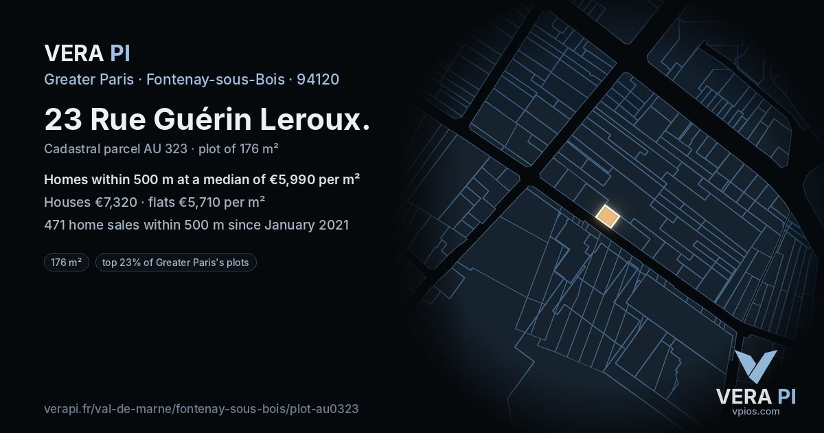 23 Rue Guérin Leroux, Fontenay-sous-Bois at night – the plot lit, the parcels around coloured by the prices near them