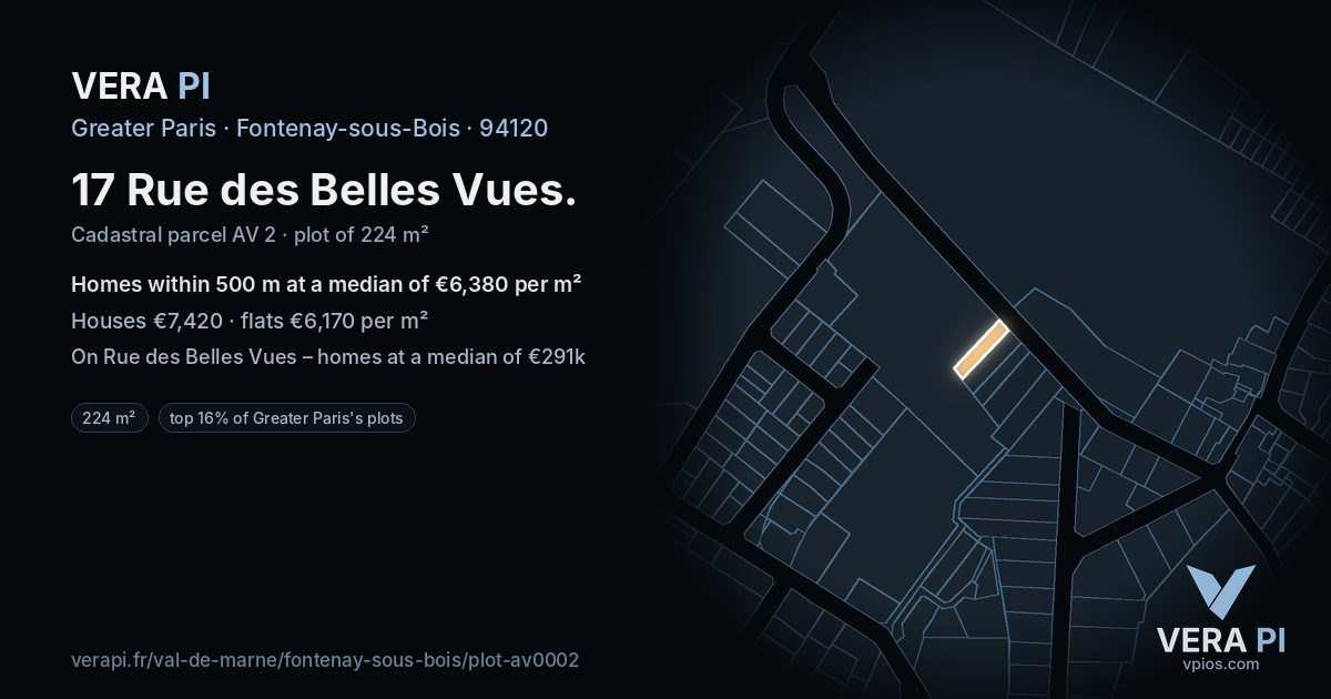 17 Rue des Belles Vues, Fontenay-sous-Bois at night – the plot lit, the parcels around coloured by the prices near them