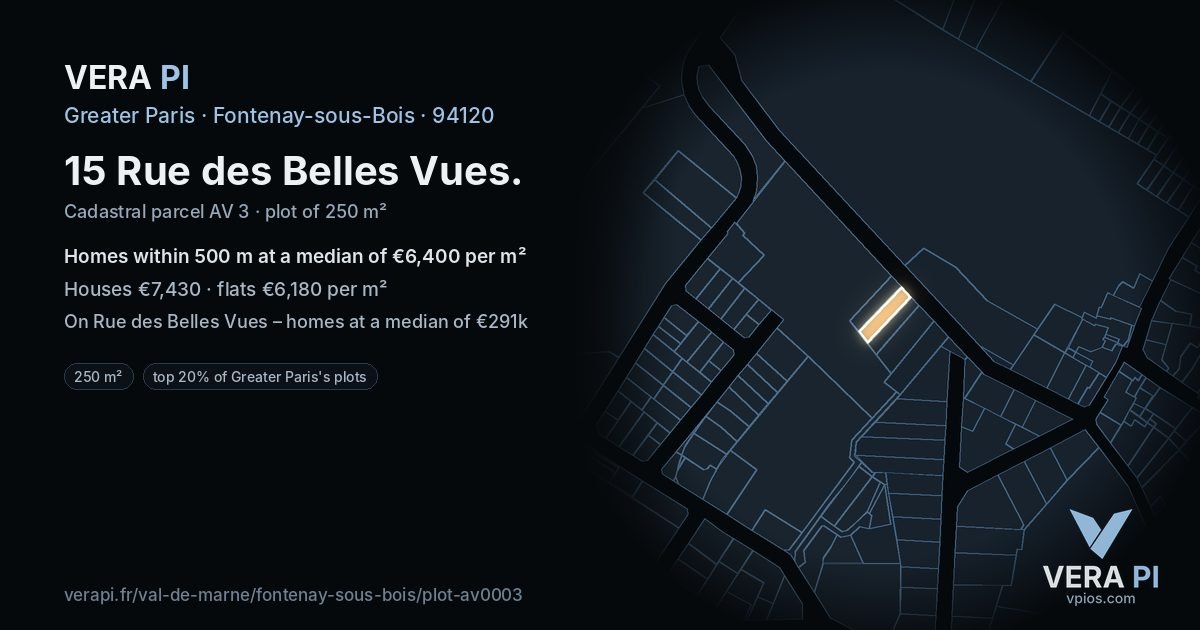 15 Rue des Belles Vues, Fontenay-sous-Bois at night – the plot lit, the parcels around coloured by the prices near them