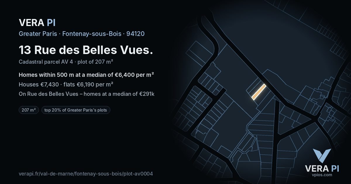 13 Rue des Belles Vues, Fontenay-sous-Bois at night – the plot lit, the parcels around coloured by the prices near them