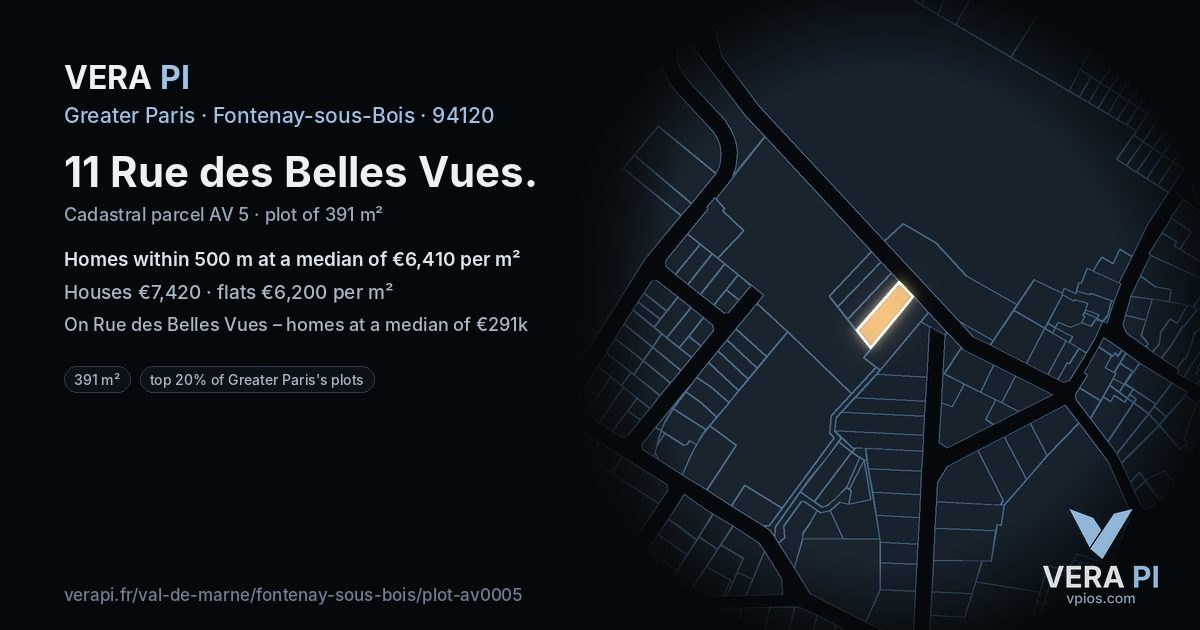 11 Rue des Belles Vues, Fontenay-sous-Bois at night – the plot lit, the parcels around coloured by the prices near them