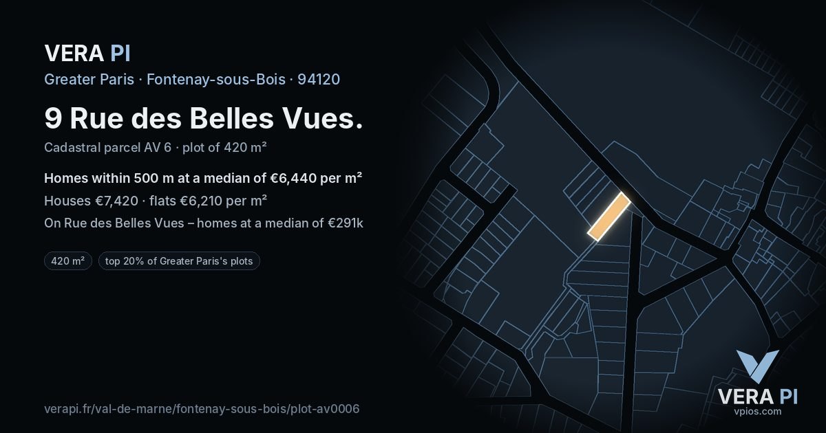 9 Rue des Belles Vues, Fontenay-sous-Bois at night – the plot lit, the parcels around coloured by the prices near them